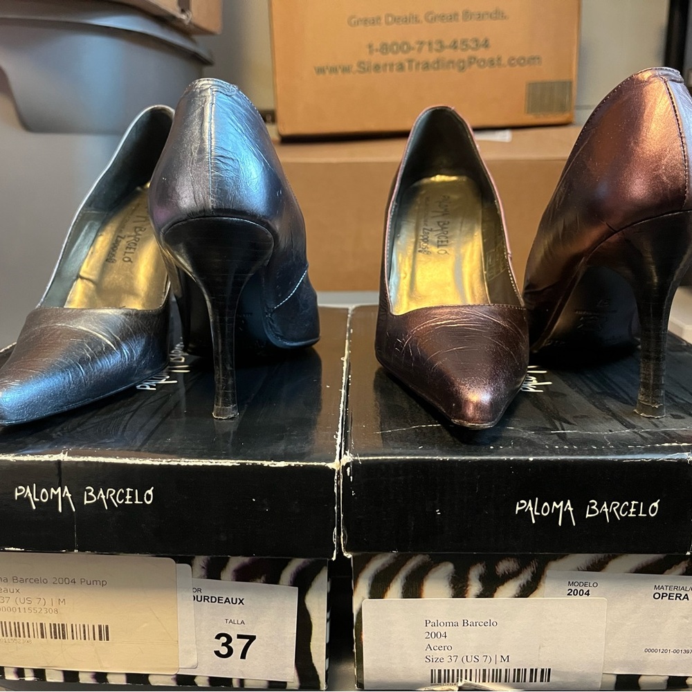 Paloma Barcelo All Leather Metallic Silver Blue and Bordeaux Heels